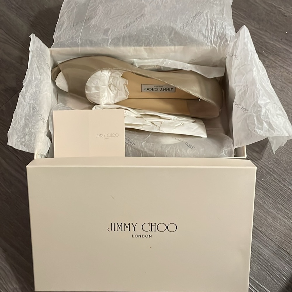 Jimmy Choo Beck Peep Toe Flat Khaki Metallic Patent Leather Gold Enamel Heel - Picture 8 of 16